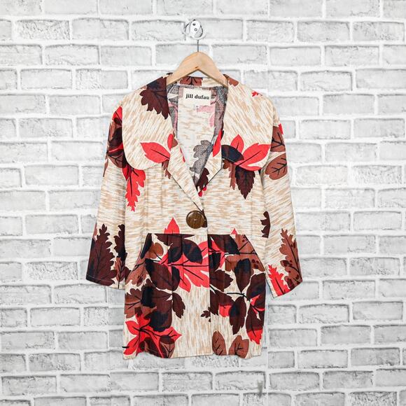 Jill Dufau Women's Vintage textile Barkcloth coat jacket leaf floral print Small - Picture 5 of 10